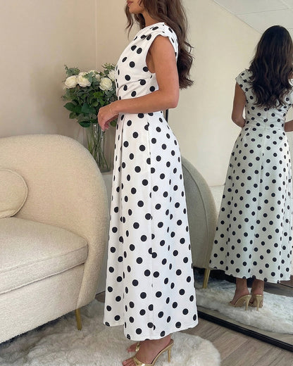 Women's Skew Neck Polka Dot Maxi Dress Ruched A-Line Swing Dress Elegant Party Cocktail Dress with Pockets