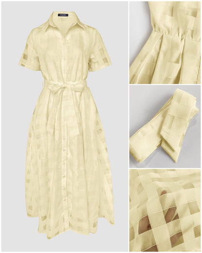 Women's Sheer Plaid Maxi Dress Short Sleeve Double Layer Swing Vacation Dress Elegant Flowy A Line Dress with Belt