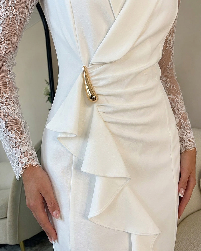 Women's Lace Long Sleeve Evening Dress Shawl Collar V Neck Ruched Ruffle Asymmetrical Blazer Dress