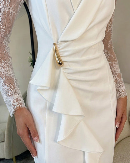 Women's Lace Long Sleeve Evening Dress Shawl Collar V Neck Ruched Ruffle Asymmetrical Blazer Dress