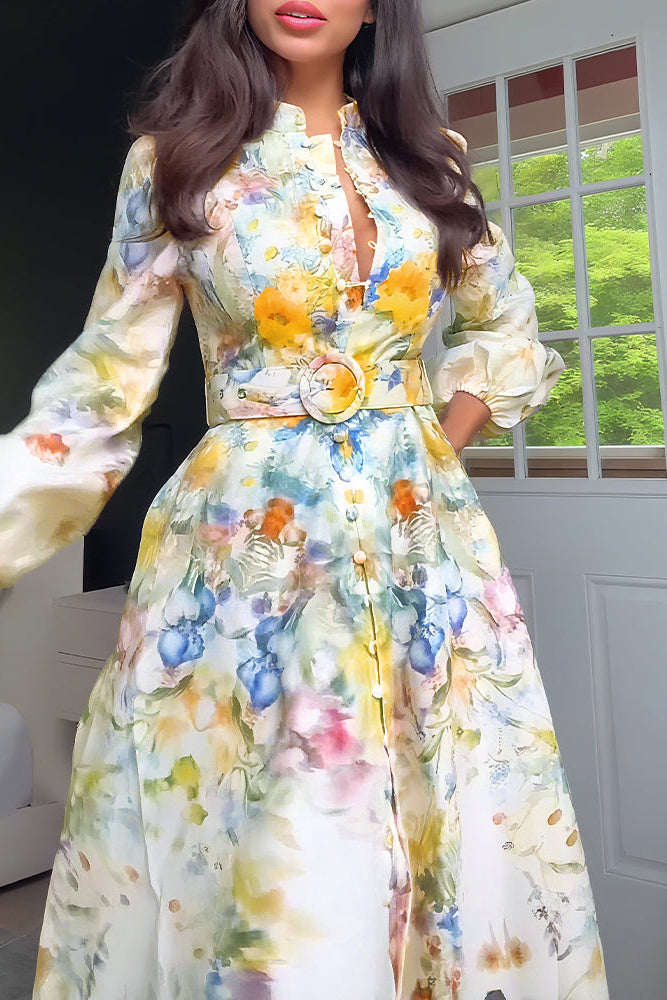 Lantern Sleeve Button Down Evening Dress Cinched Waist Vacation Dress with Belt