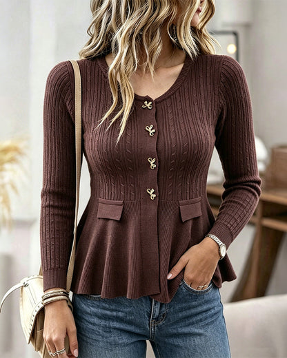 Women's Peplum Ruffle Hem Cardigan Cable Knit Slim Fit Sweater V Neck Gold Bow Button Down Top