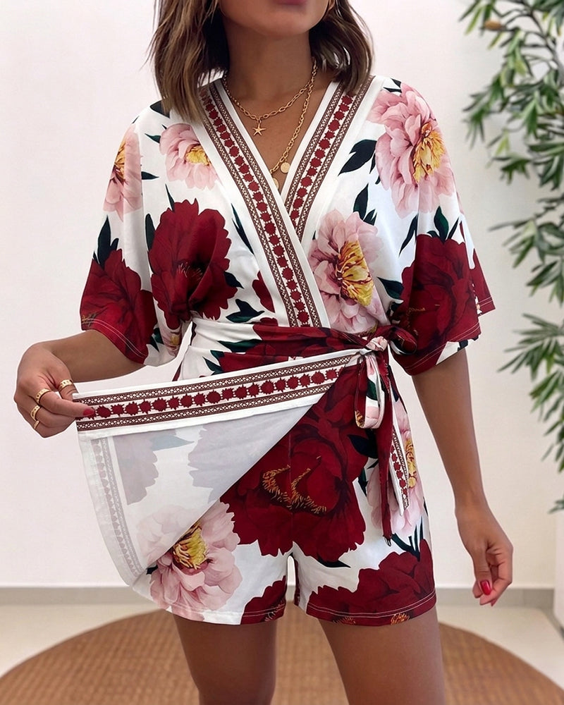 Women's Bohemian Floral Print V-Neck Romper Batwing Sleeve Wrap Knot Side High Waist Short Jumpsuit