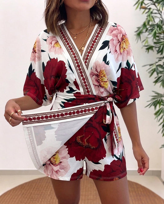 Women's Bohemian Floral Print V-Neck Romper Batwing Sleeve Wrap Knot Side High Waist Short Jumpsuit