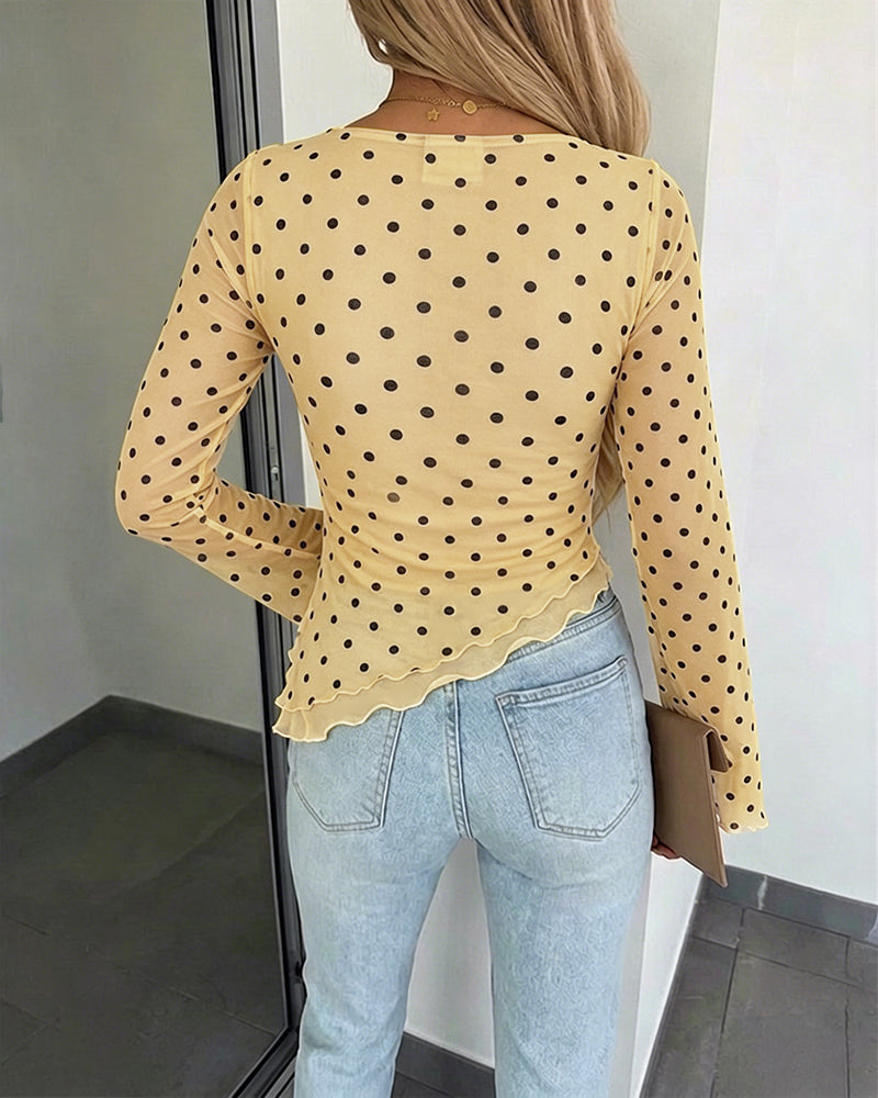 Women's Polka Dot Mesh Top Flare Long Sleeve Boat Neck Lined Asymmetric Frill Hem Blouse Vintage Party Shirt