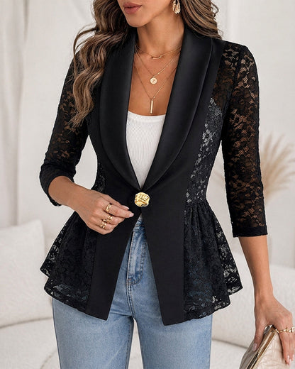 Women's Lace Patchwork Blazer Elegant Shawl Lapel Peplum Coat Single Breasted Three Quarter Sleeve Outwear