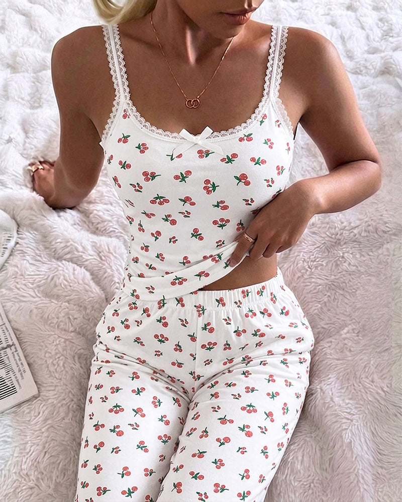 Women's Ditsy Floral Lace Trim Loungewear Set Slim Fit Cami Top and Straight Leg Pants Casual Pajamas Set