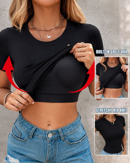 Women's Slim Fit Short Sleeve T-Shirt Crewneck Padded Tees Seamless Fitted Layering Top Going Out Shirts with Built-in Bra