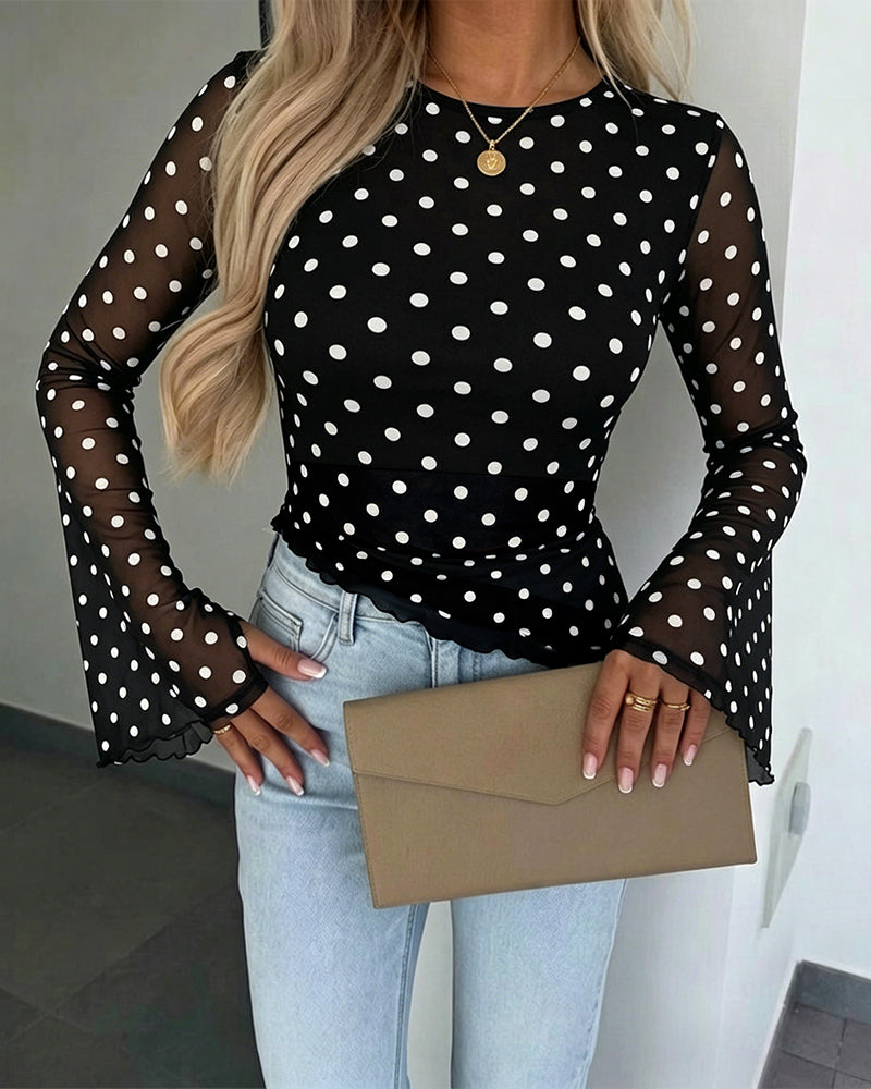 Women's Polka Dot Mesh Top Flare Long Sleeve Boat Neck Lined Asymmetric Frill Hem Blouse Vintage Party Shirt