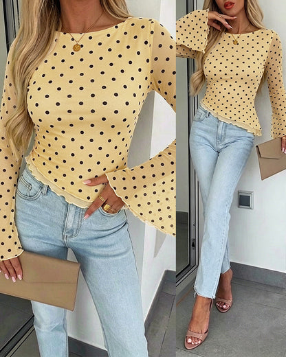 Women's Polka Dot Mesh Top Flare Long Sleeve Boat Neck Lined Asymmetric Frill Hem Blouse Vintage Party Shirt
