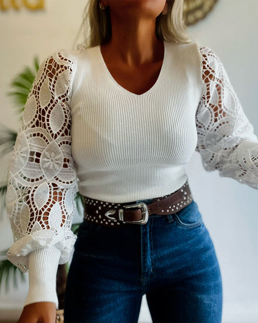 Women's V Neck Knit Top Lace Lantern Long Sleeve Pullover Ribbed Slim Fit Casual Sweater