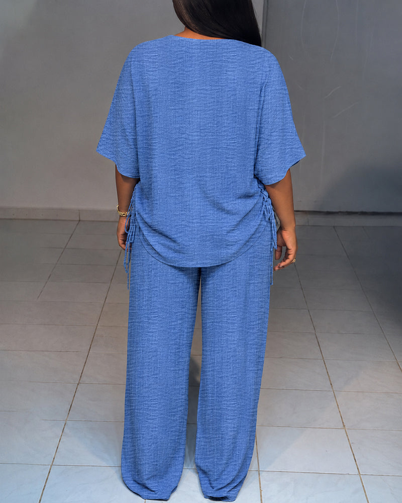 Women's Textured 2 Piece Outfits V Neck Drawstring Ruched Top and Wide Leg Pants Set Casual Loose Loungewear