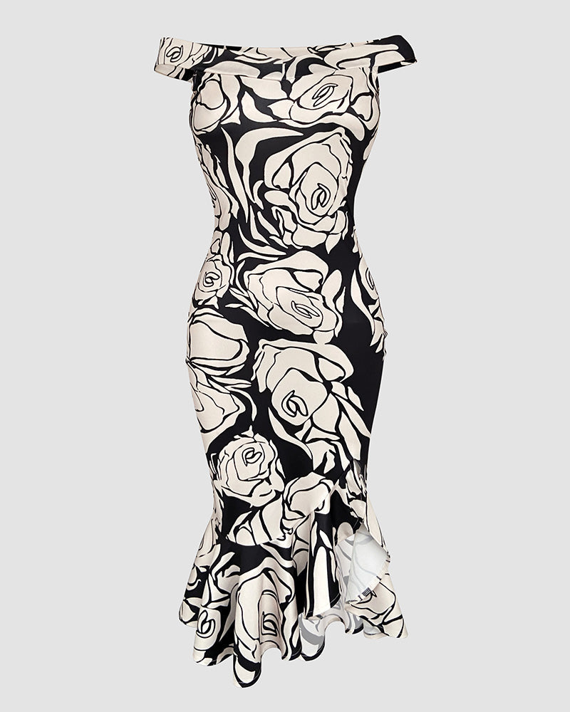 Floral Print Off Shoulder Ruffle Hem Slit Dress Slim Fit Party Dress