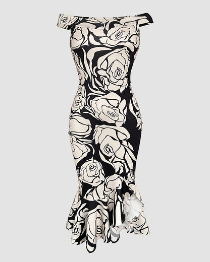 Floral Print Off Shoulder Ruffle Hem Slit Dress Slim Fit Party Dress
