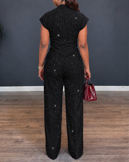 Women's Glitter Textured 2 Piece Outfits V Neck Twist Cap Sleeve Slit Top and High Waist Straight Leg Pants Set