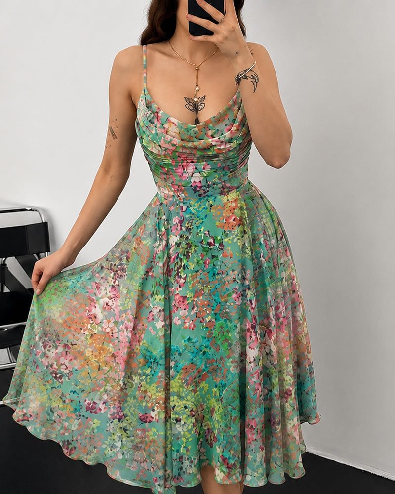 Women's Floral Mesh A Line Dress Cowl Neck Ruched Slip Dress Casual Backless Sundress