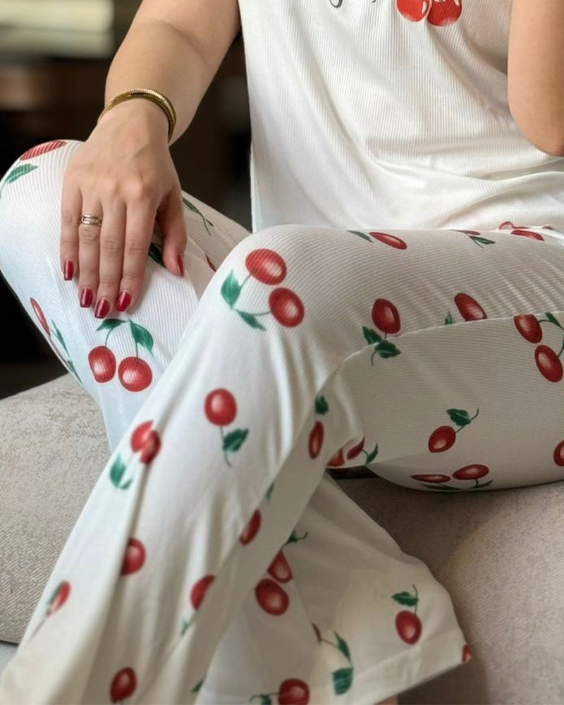 2 Pieces Outfit Letter & cherry Print Short Sleeve Frill Trim Top and Elastic Waist Pants Set Casual Ribbed Pajamas Set