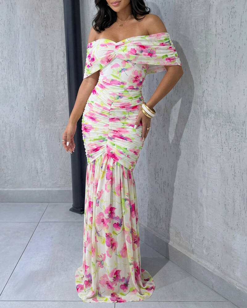 Floral Print Foldover Off Shoulder Ruched Maxi Dress Elegant Mermaid Hem Party Dress