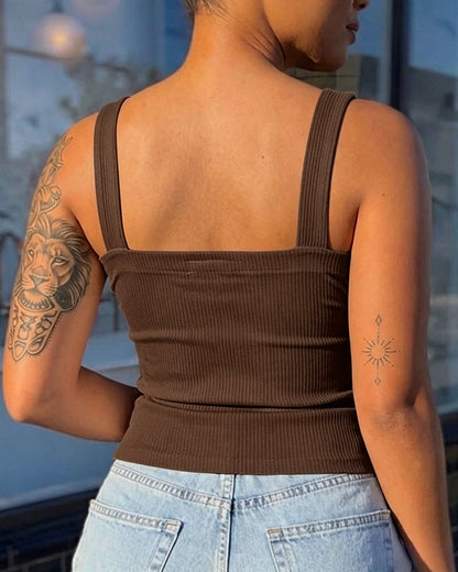 Women's Ribbed Knit Tank Top Square Neck Slim Fit Cami Top Adjustable Eyelet Strap Backless Top