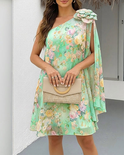 CHICME Women's Floral Print One-Shoulder Chiffon Dress 3D Floral Decor Split Sleeve Loose A-Line Mini Dress