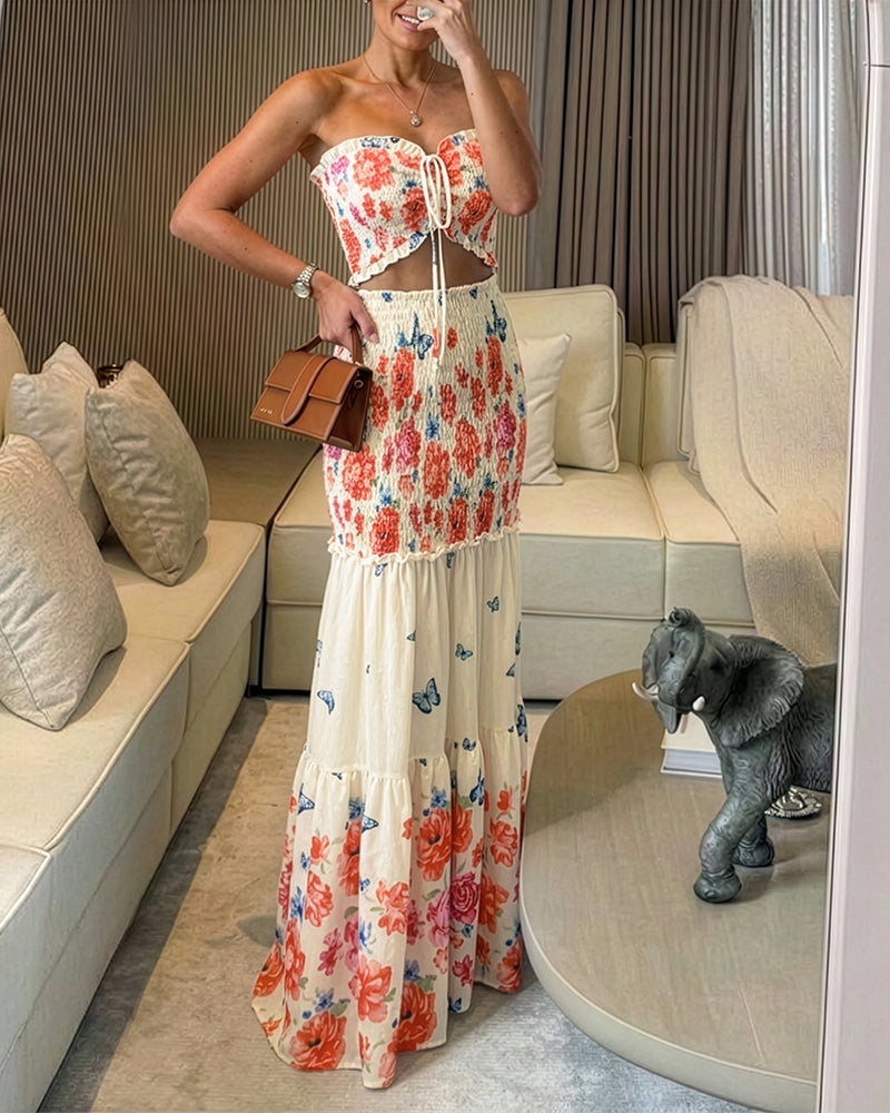 Floral & Butterfly Print Frill Trim Bandeau Tied Detail Ruched Mermaid Hem Dress Elegant Cutout Front Shirred Ruffle Hem Vacation Dress