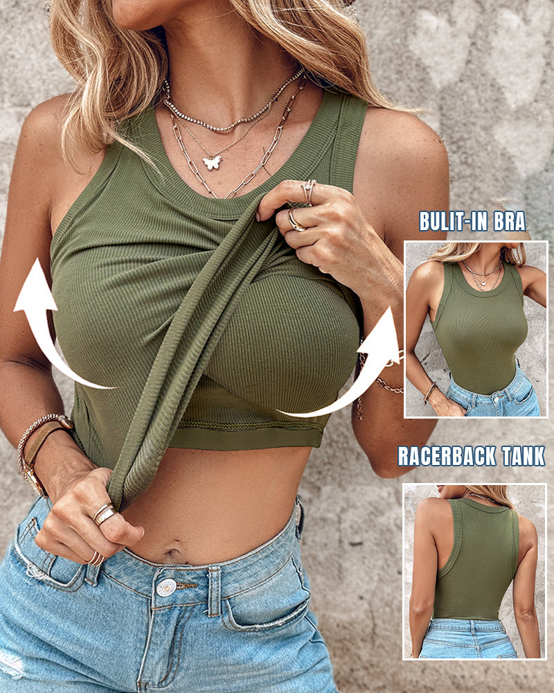 Missysecret Built-in Bra Ribbed Round Neck Tank Top