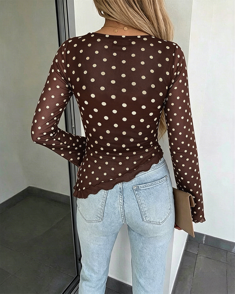 Women's Polka Dot Mesh Top Flare Long Sleeve Boat Neck Lined Asymmetric Frill Hem Blouse Vintage Party Shirt