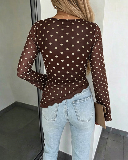 Women's Polka Dot Mesh Top Flare Long Sleeve Boat Neck Lined Asymmetric Frill Hem Blouse Vintage Party Shirt