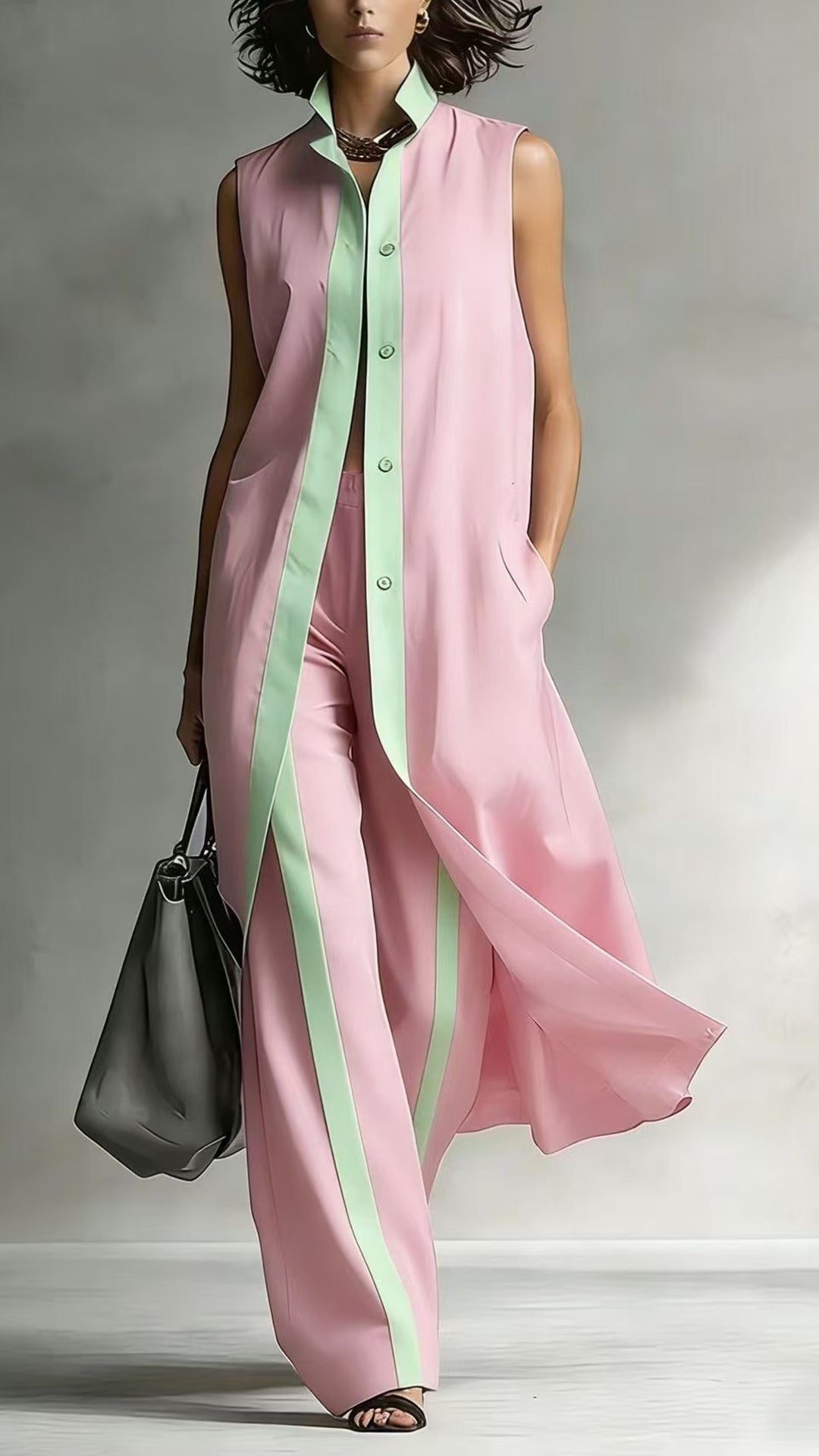 Women's Color-Blocked Sleeveless Long Shirt & Wide-Leg Pants Set