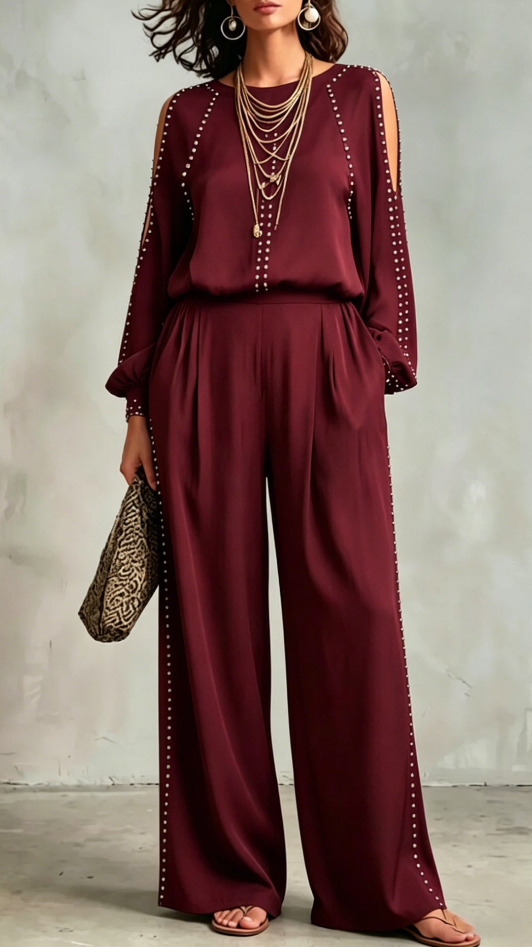 Women's Cold-Shoulder Studded Top & Wide-Leg Pants Cotton Blend Set