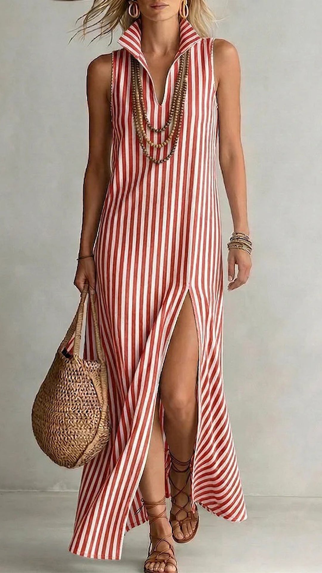 Lapel V-neck striped high-slit maxi dress