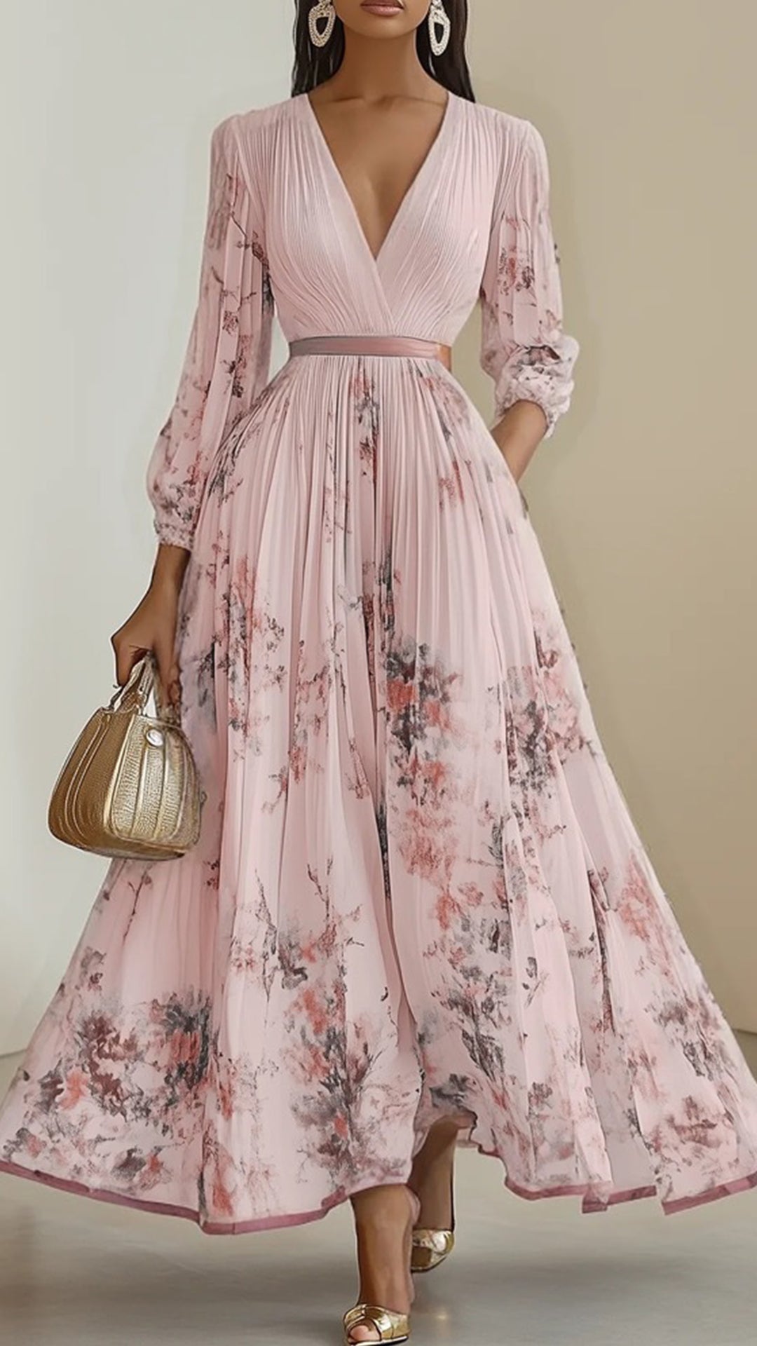 V-Neck floral print long sleeve maxi dress