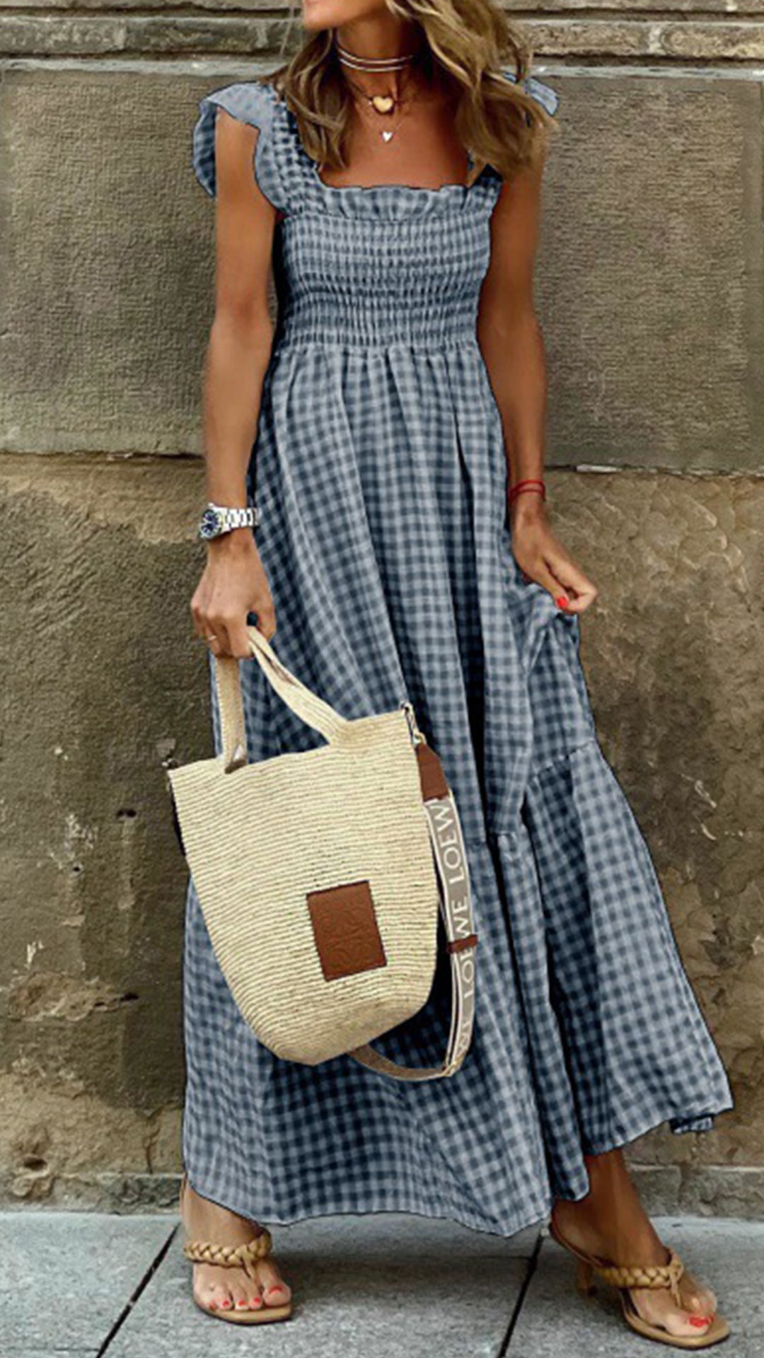 square neck plaid maxi dress