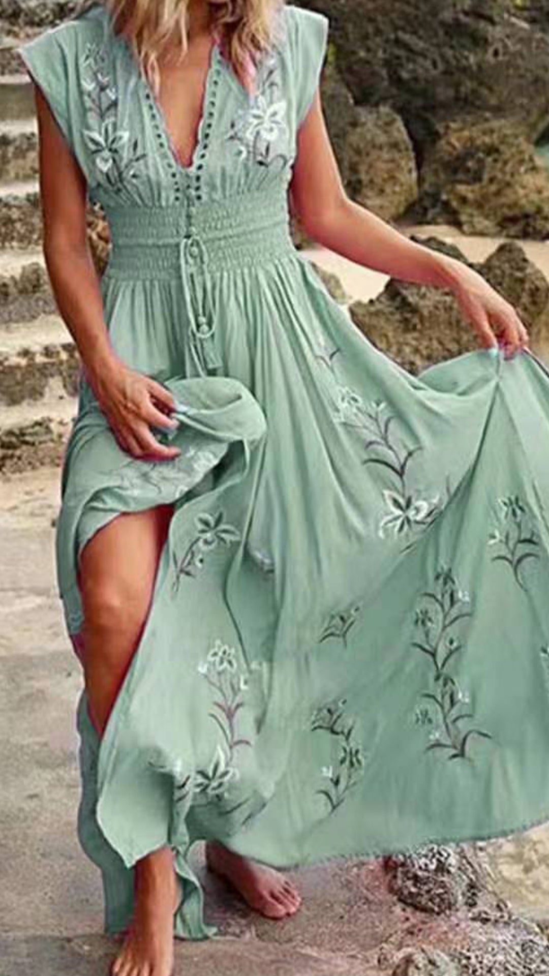 V-Neck Loose print embroidery maxi Dress