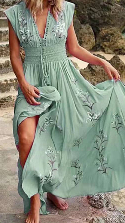 V-Neck Loose print embroidery maxi Dress