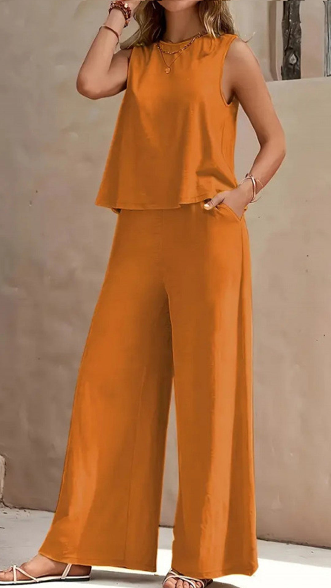 Casual Vacation Style - Sleeveless Cotton-Blend Two-Piece Set