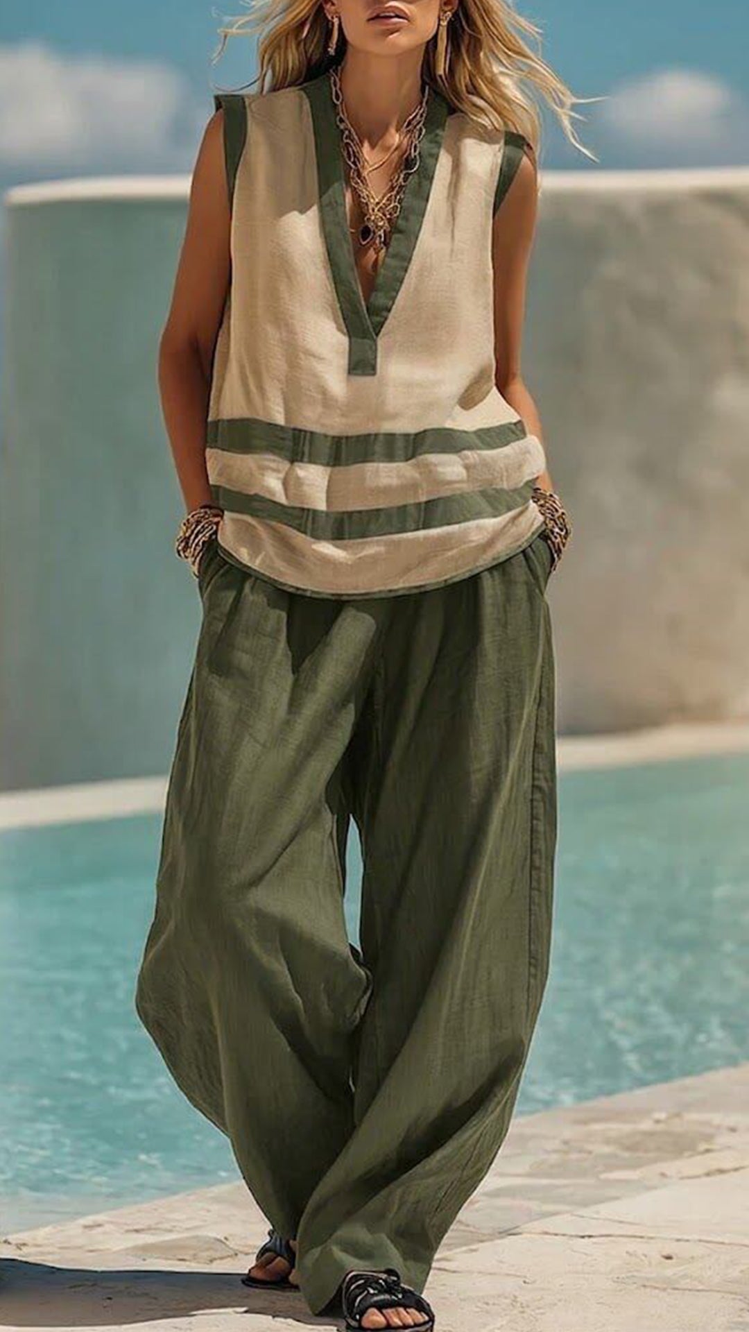 Casual Vacation Style - Color-Block Stripe Cotton-Blend Two-Piece Set