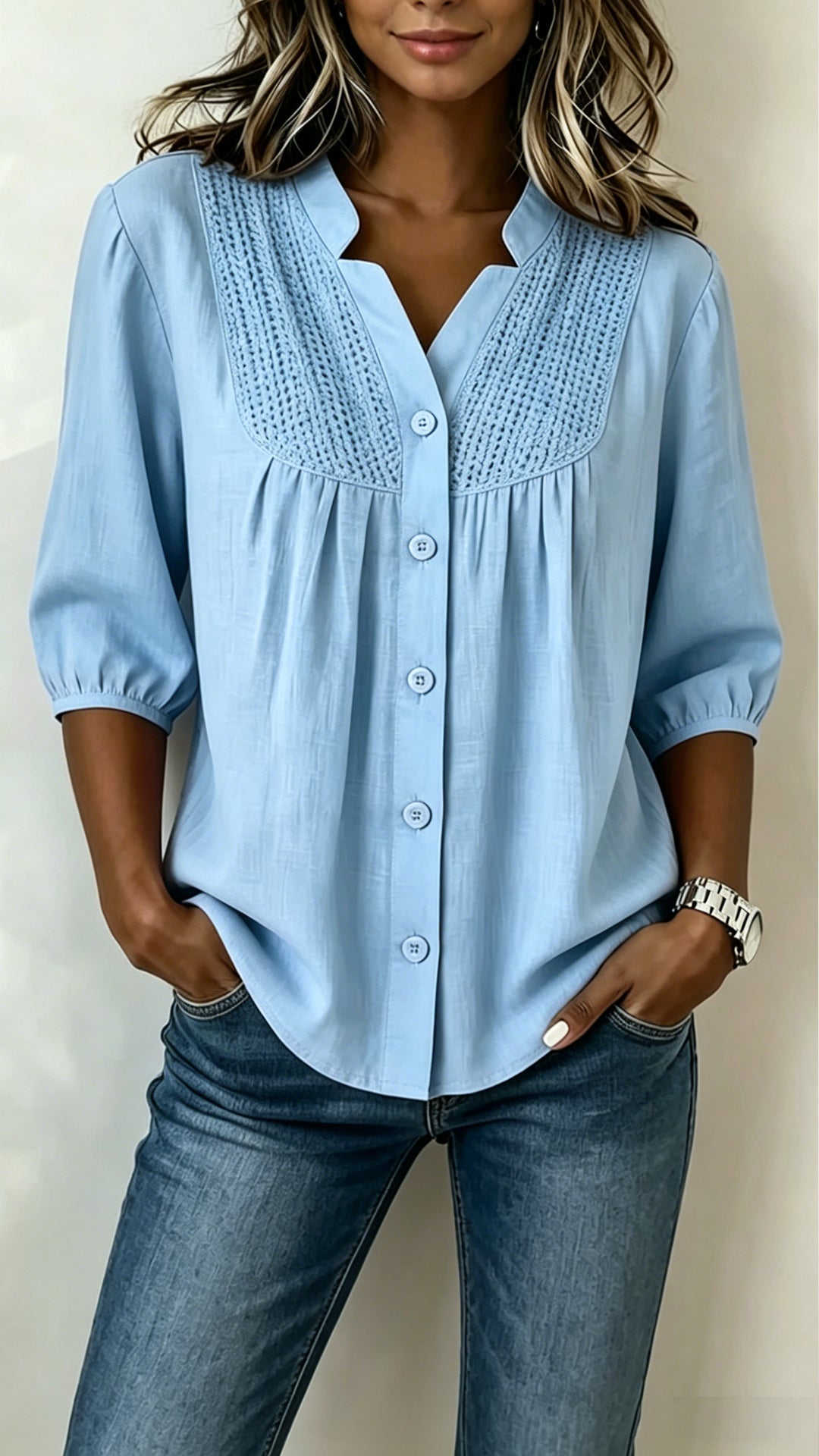 Crochet Detail Cotton-Blend Blouse