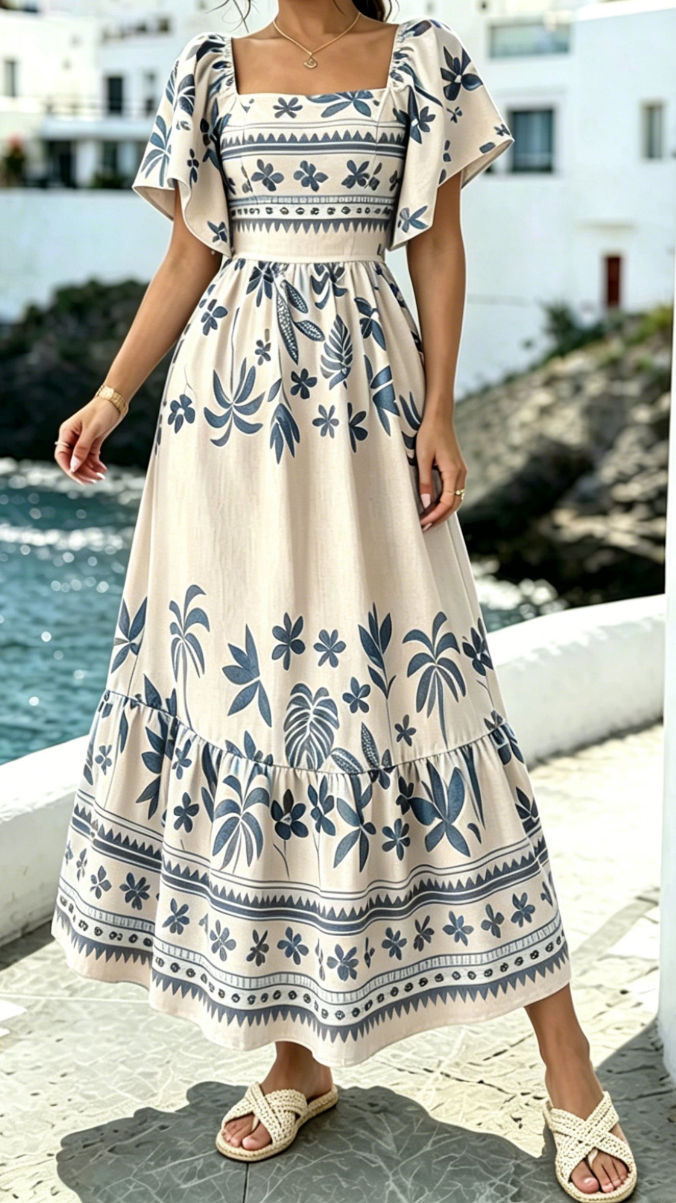 Women's Printed Dress with Square Neckline and Flutter Sleeves