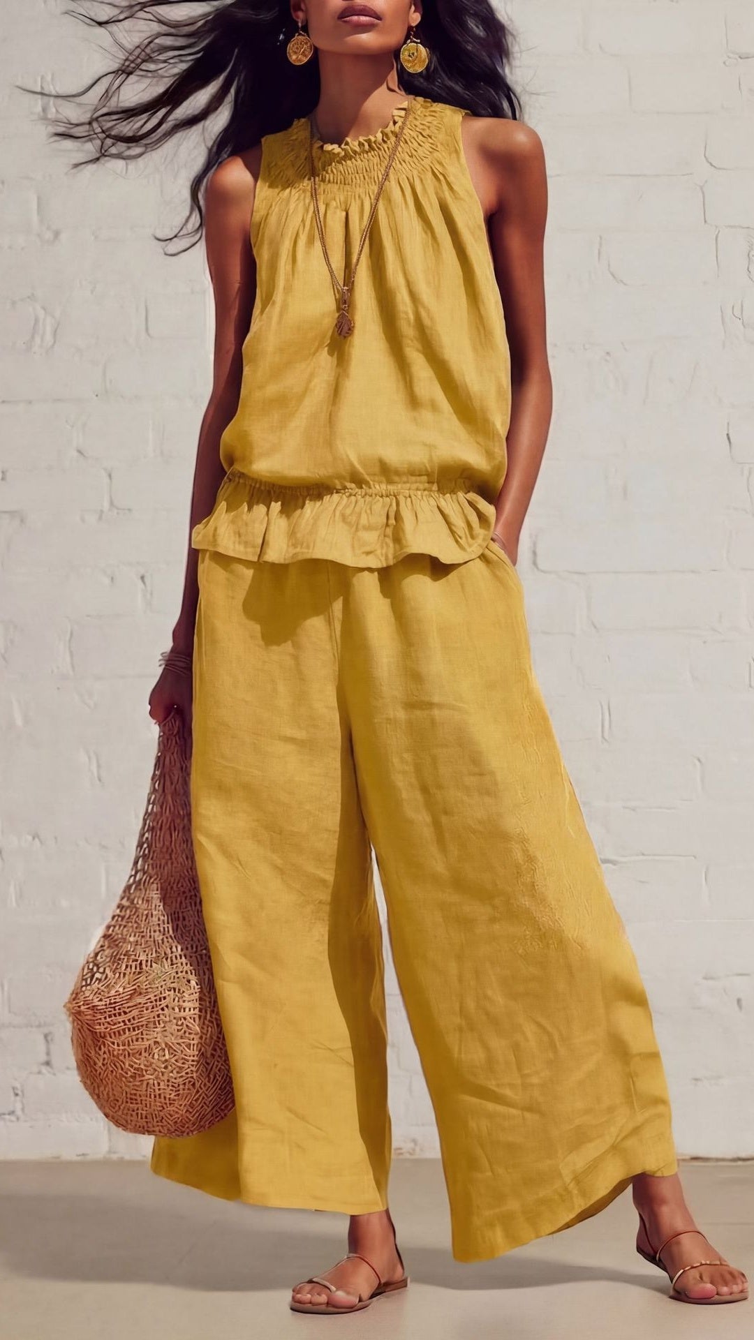 Women's Vintage Bohemian Ruffled Cotton-Linen Two-Piece Set