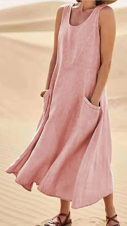 Loose-fitting Batwing Sleeve Cotton Linen Dress