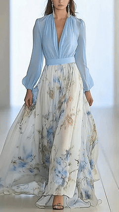 V-neck tulle lantern sleeve print maxi dress