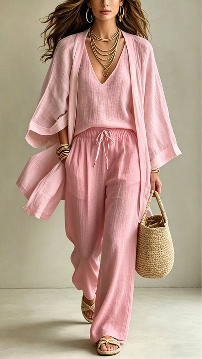 Women's Linen-Blend Three-Piece Set (Kimono + Tank + Shorts)