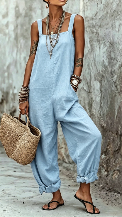 Linen-Blend Striped Jumpsuit