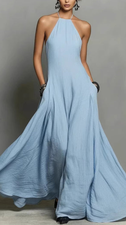 sleeveless linen halter-Neck Loose maxi Dress