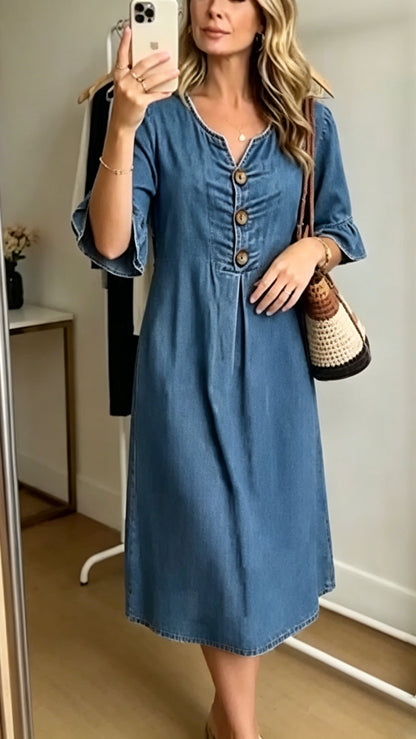 Cotton-Linen Dress with V-Neck, Large Buttons, and Ruffled Sleeves