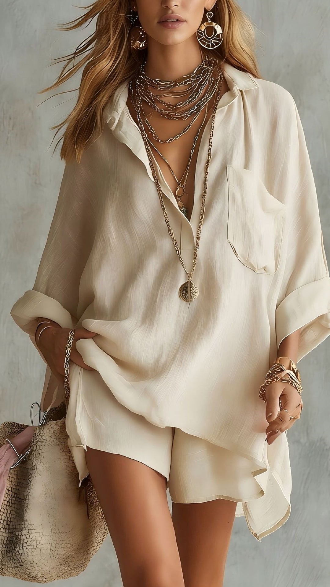 Women's Cotton-Blend Loose Shirt & Shorts Set