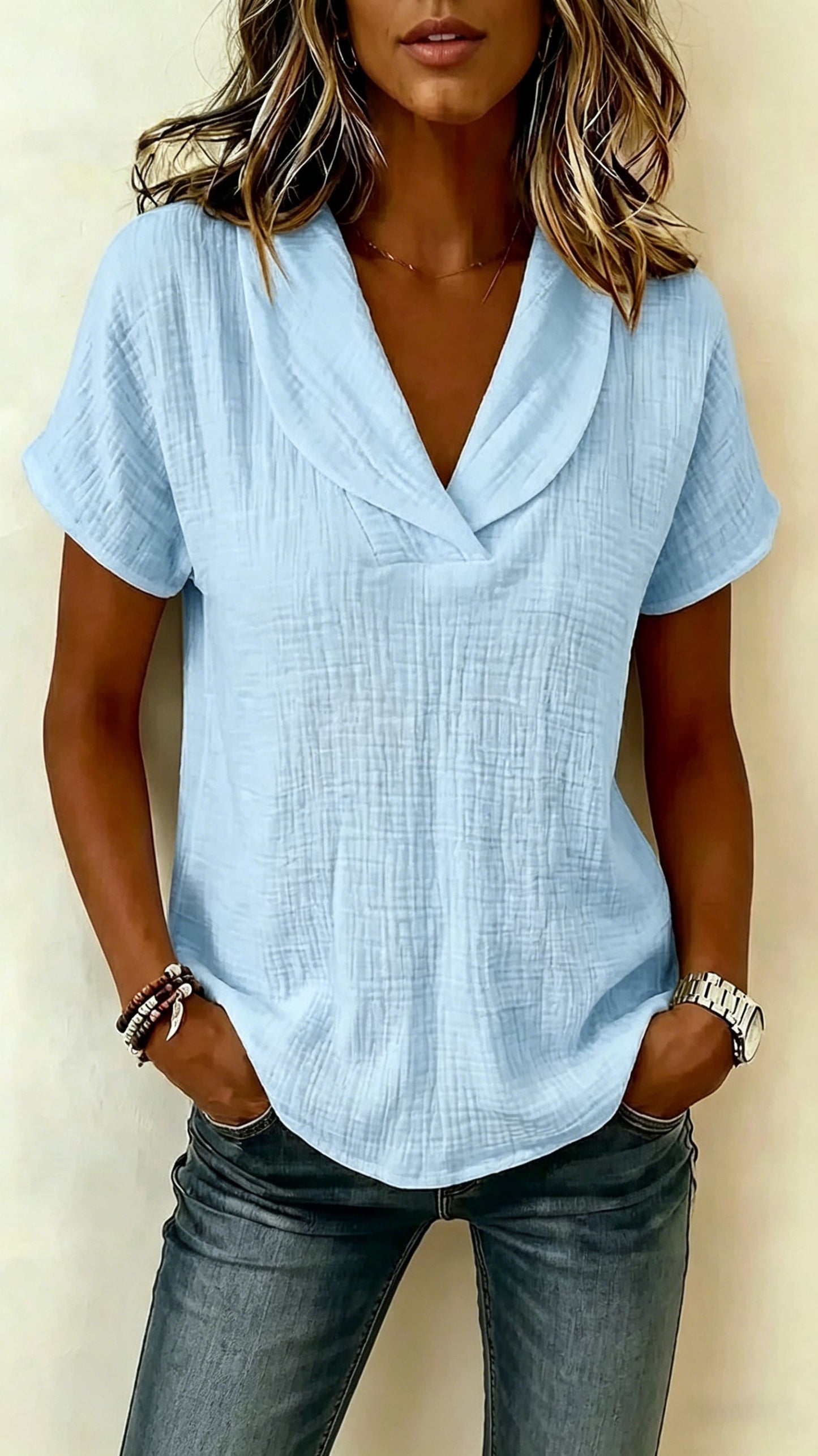 Short-Sleeve Crepe V-Neck Casual Fashion T-Shirt