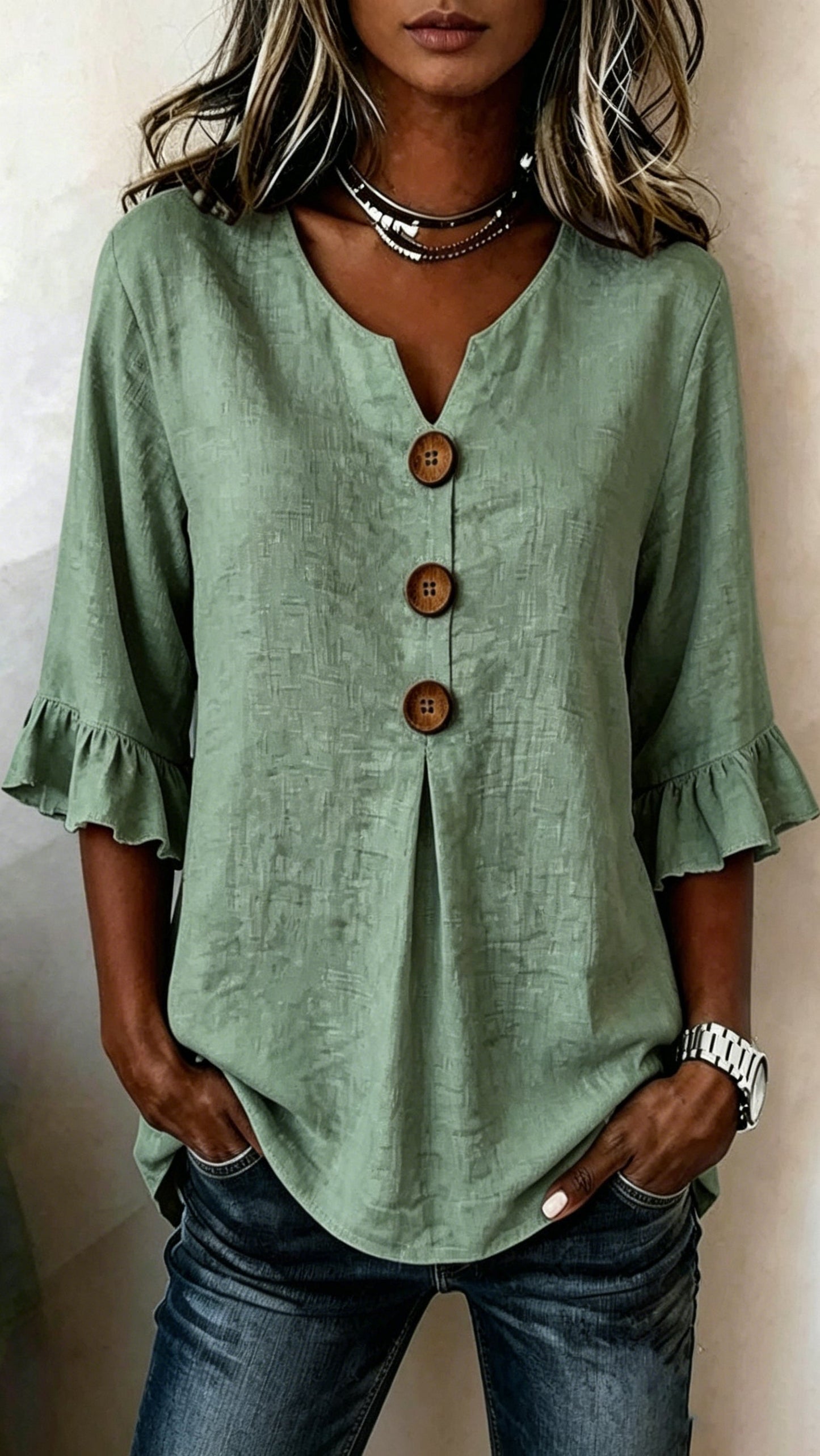 V-Neck Cotton-Linen Button-Up Top