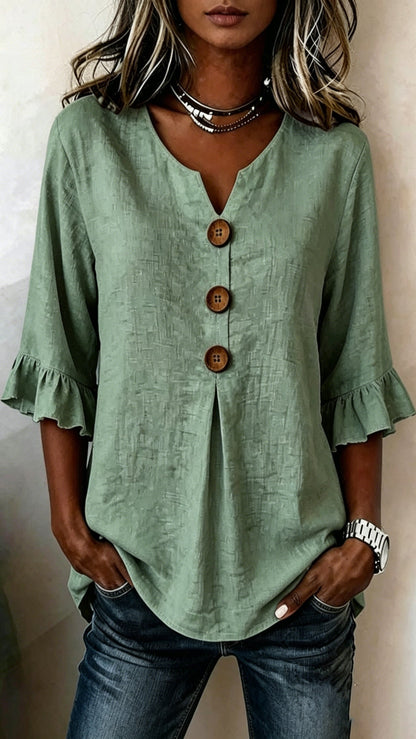 V-Neck Cotton-Linen Button-Up Top